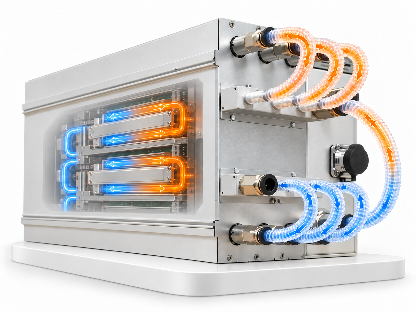 Hydro miner concept illustration with blue cold-side and orange warm-side flow
