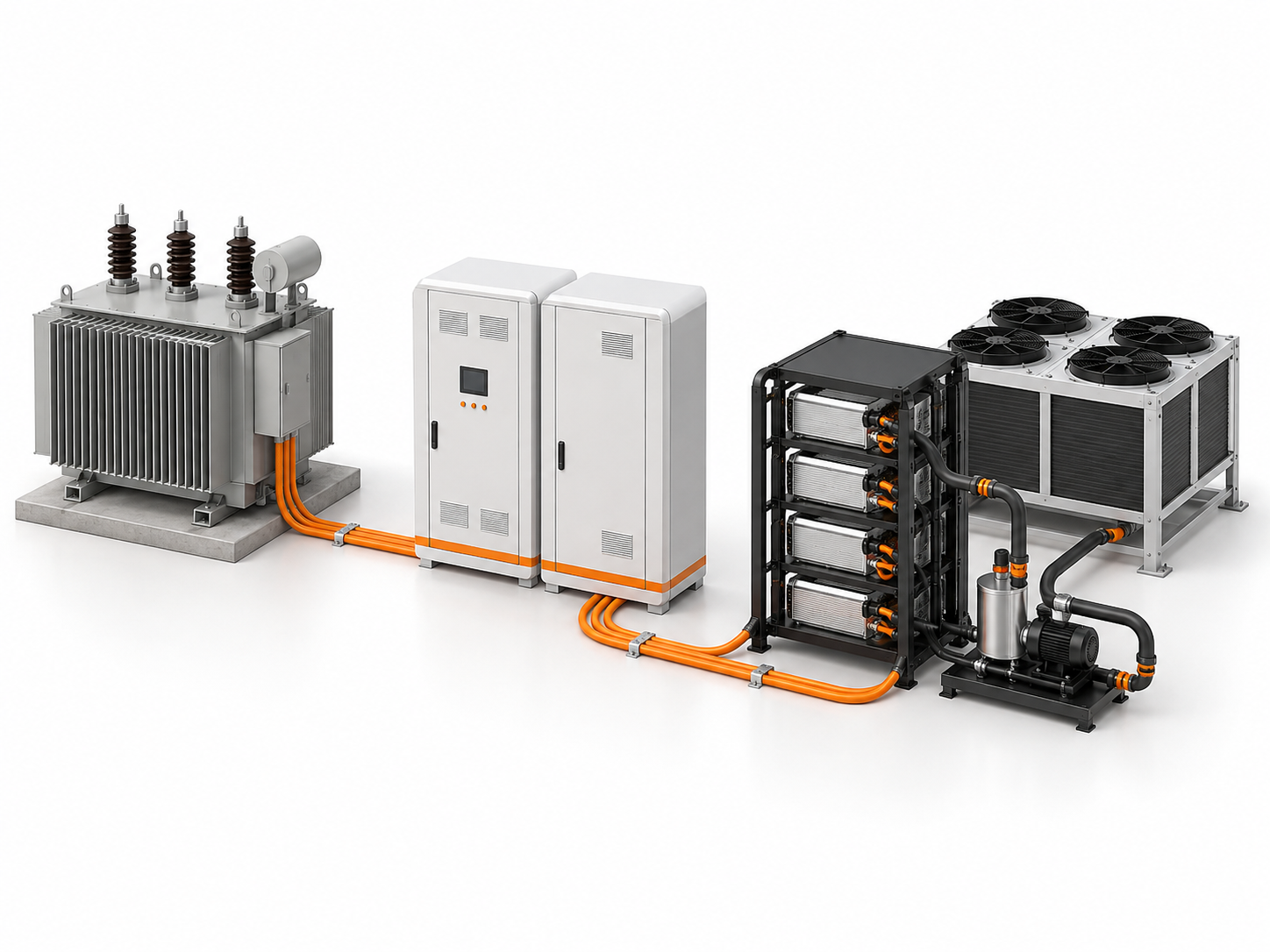 Concept illustration of a transformer, distribution cabinets, hydro miner rack, pump and cooler connected as one system.