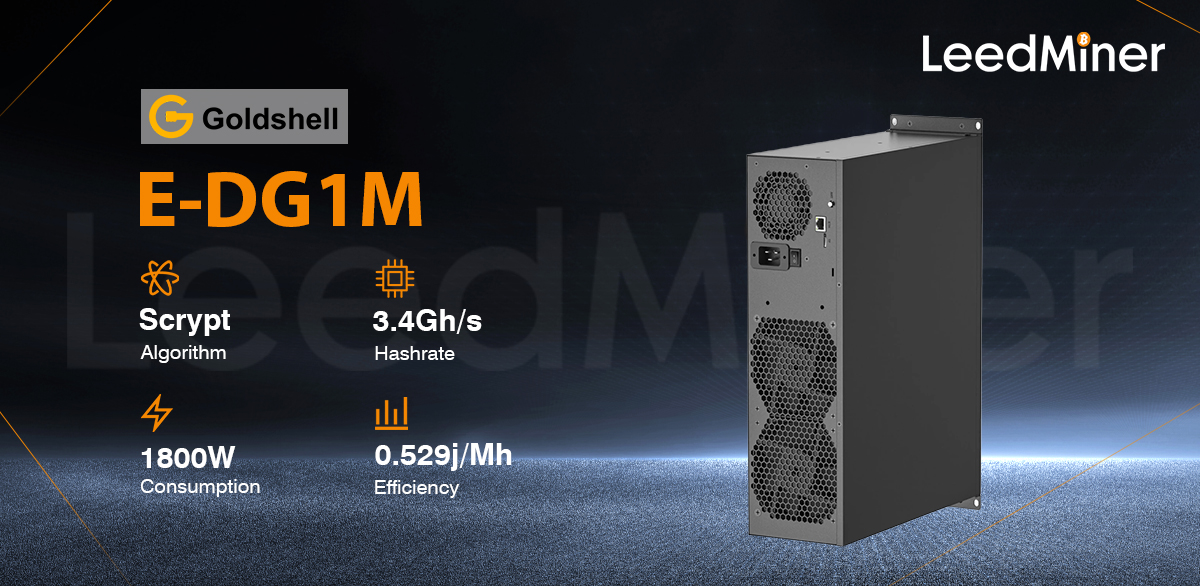 Model E-DG1M from Goldshell mining Scrypt algorithm with a maximum hashrate of 3.4GH/S for a power consumption of 1800w