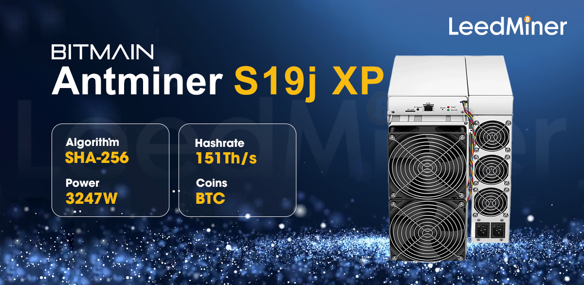 Model S19j XP from Bitmain mining SHA-256 algorithm with a maximum hashrate of 151TH/S for a power consumption of 3247W