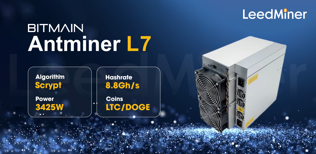 Model L7 (8.8Gh) from Bitmain mining Scrypt algorithm with a maximum hashrate of 8.8GH/S for a power consumption of 3425W