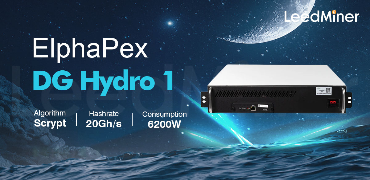 Model DG Hydro 1 from ElphaPex mining Scrypt algorithm with a maximum hashrate of 20GH/S for a power consumption of 6200w