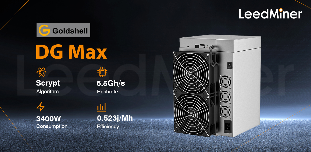 Model DG MAX from Goldshell mining Scrypt algorithm with a maximum hashrate of 6.5GH/S for a power consumption of 3400W