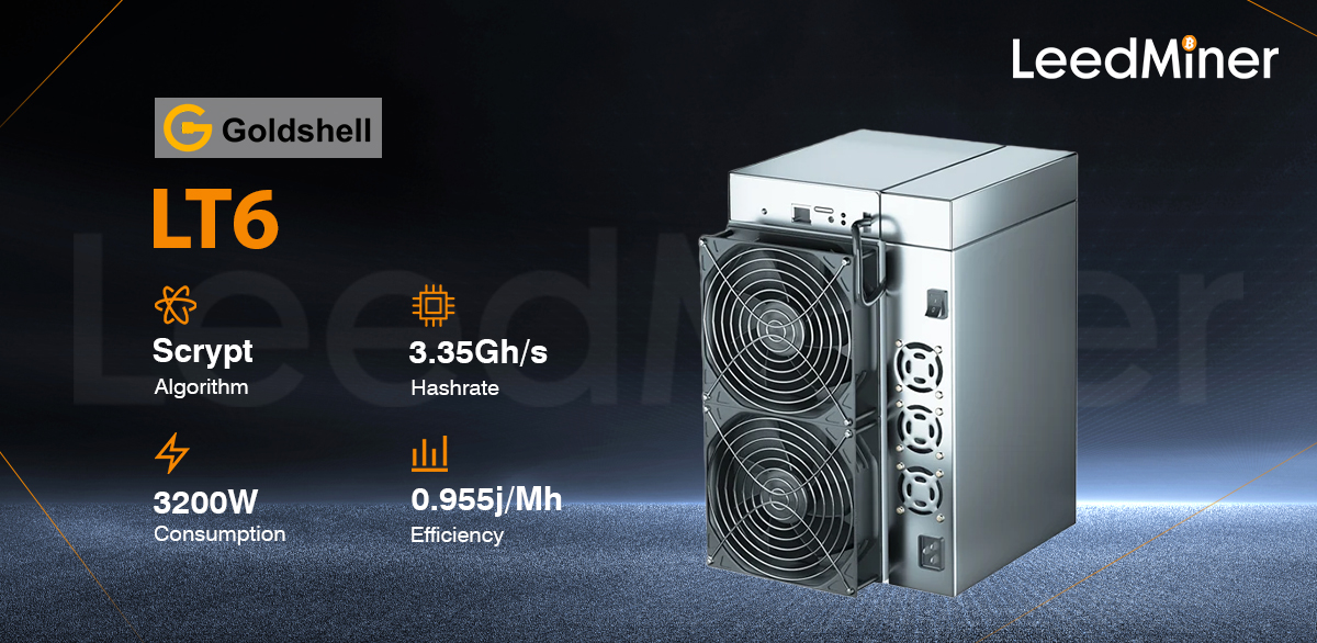 Model LT6 from Goldshell mining Scrypt algorithm with a maximum hashrate of 3.35GH/S for a power consumption of 3200W