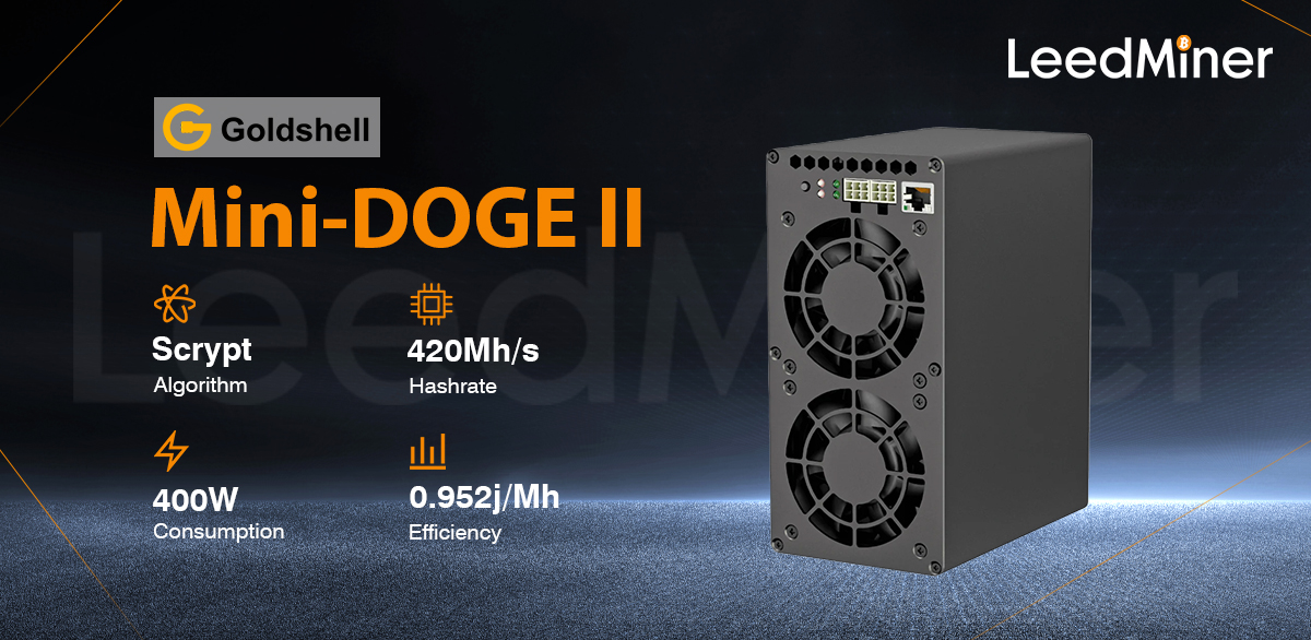 Model Mini-DOGE II Miner from Goldshell mining Scrypt algorithm with a maximum hashrate of 420MH/S for a power consumption of 400W