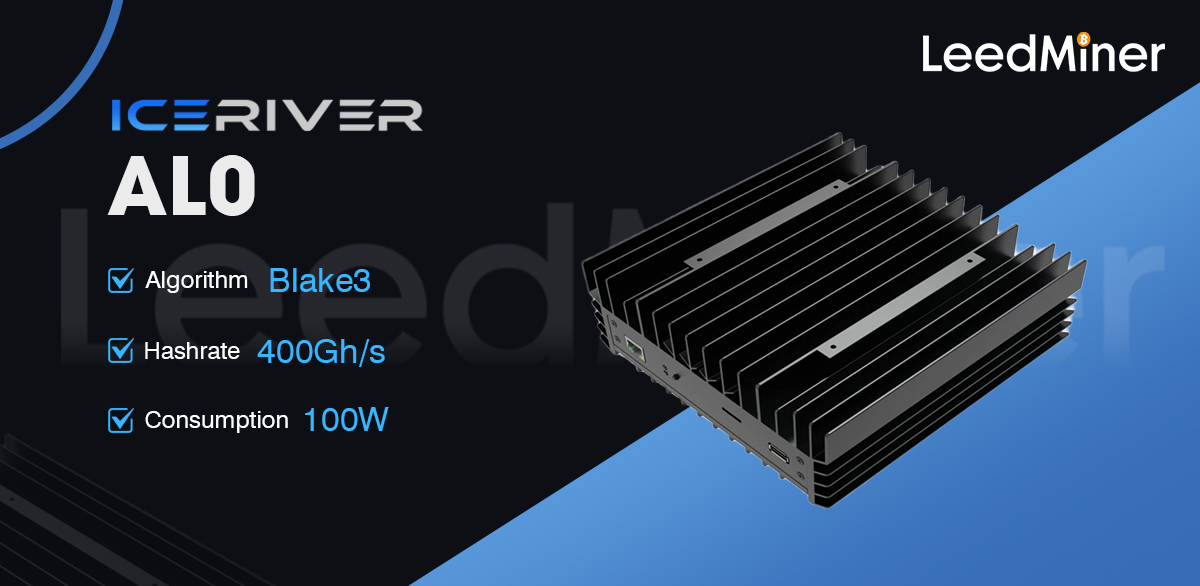 Model AL0 from Iceriver mining Blake3 algorithm with a maximum hashrate of 400GH/S for a power consumption of 100W