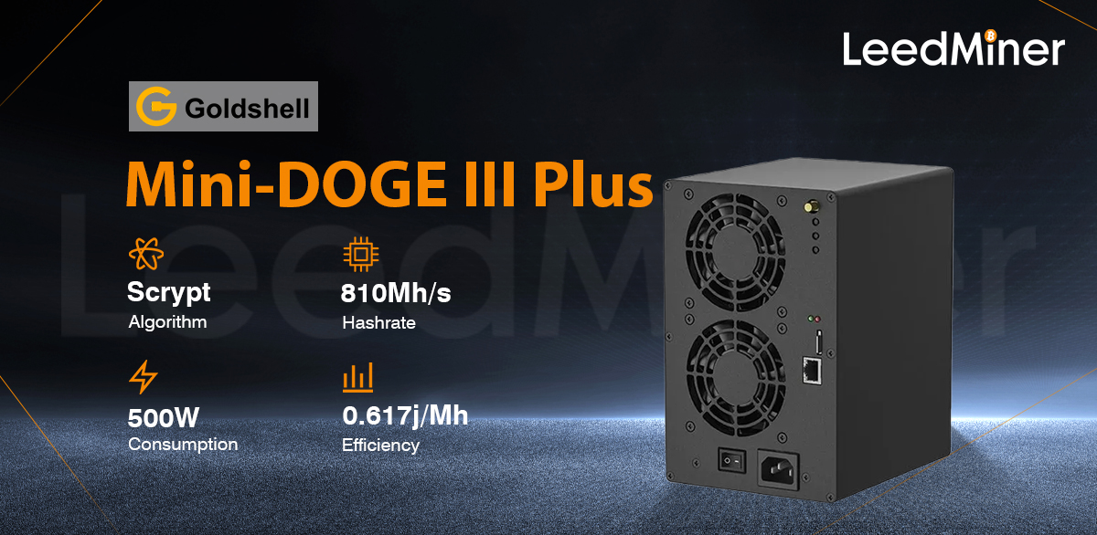 Model Mini-DOGE III Plus from Goldshell mining Scrypt algorithm with a maximum hashrate of 810MH/S for a power consumption of 500W