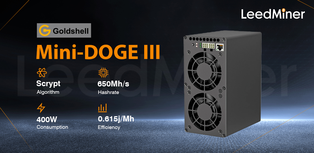 Model Mini-DOGE III Miner from Goldshell mining Scrypt algorithm with a maximum hashrate of 650MH/S for a power consumption of 400W